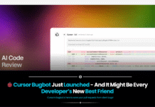 Illustration of developer using Cursor Bugbot AI tool to review code with AI assistant flagging bugs on a digital screen