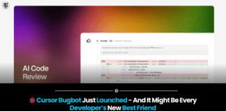 Illustration of developer using Cursor Bugbot AI tool to review code with AI assistant flagging bugs on a digital screen