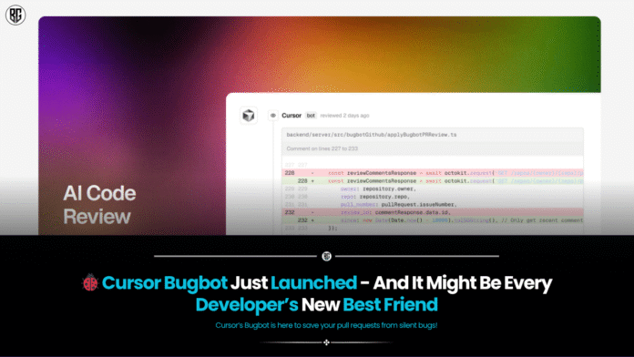 Illustration of developer using Cursor Bugbot AI tool to review code with AI assistant flagging bugs on a digital screen