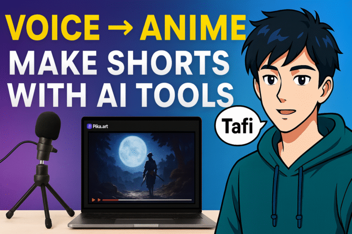 Anime-style thumbnail showing a creator setup with microphone, laptop running Pika.art, and a male anime avatar saying 'Tafi' – text overlay reads 'Voice to Anime – Make Shorts with AI Tools'.