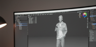 nano banana figurine : Small-scale figurine sitting on a backlit gaming keyboard, checking a phone, with a 3D model preview on the monitor behind. - botgadgets.com