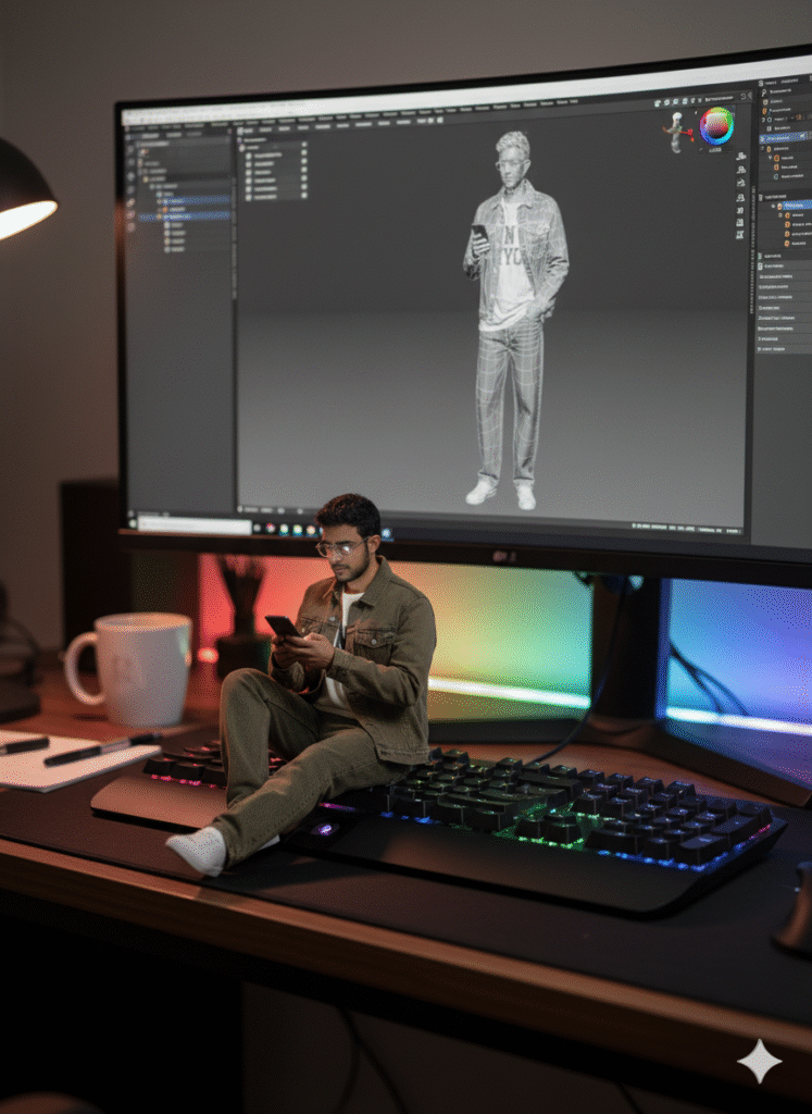 nano banana figurine : Small-scale figurine sitting on a backlit gaming keyboard, checking a phone, with a 3D model preview on the monitor behind. - botgadgets.com