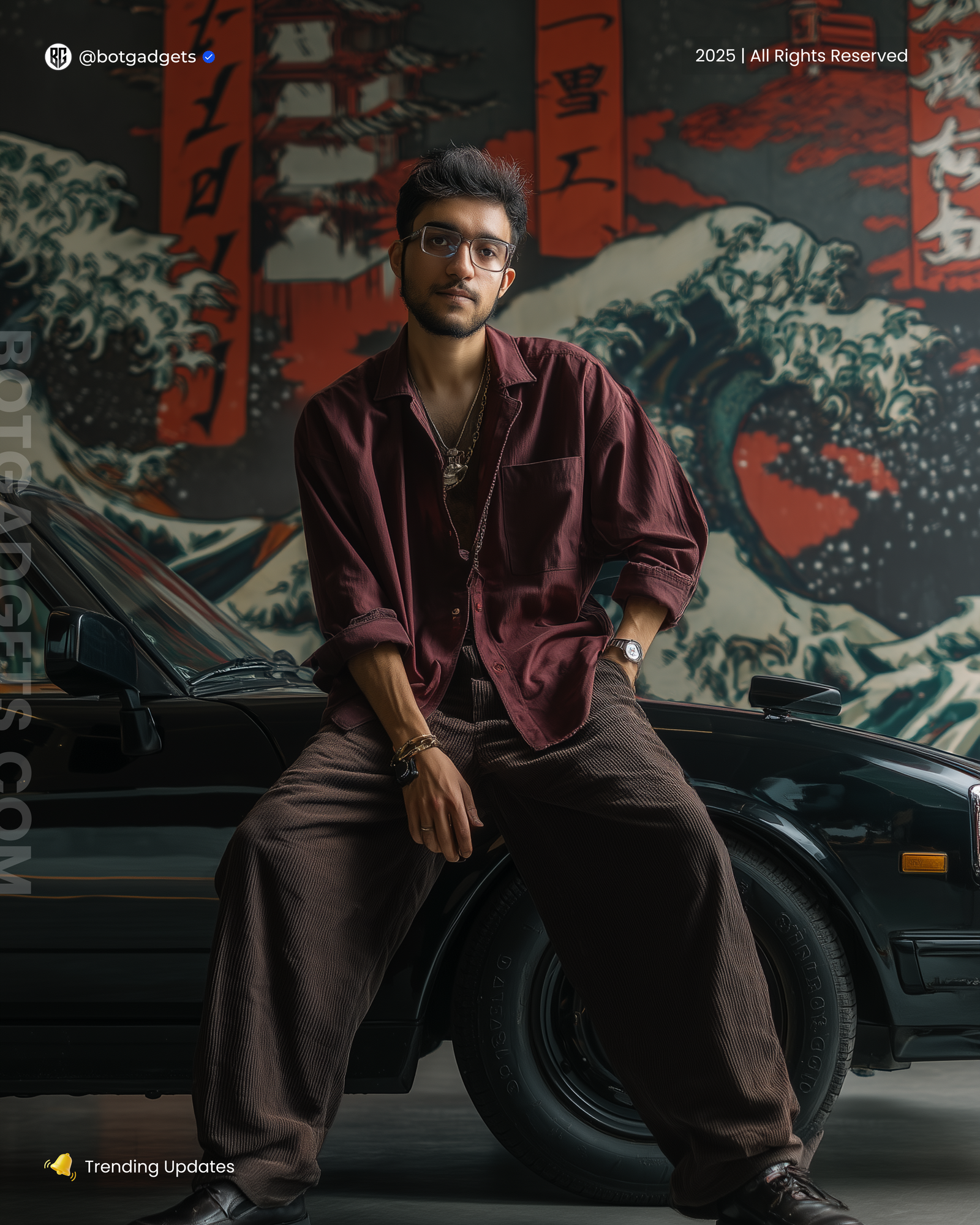 Cinematic MidJourney Prompts: Fusion of Modern Style & Traditional Art (Free AI Guide + Tutorials) Cinematic MidJourney AI portrait of man sitting on black car in front of Japanese mural with waves and temples.