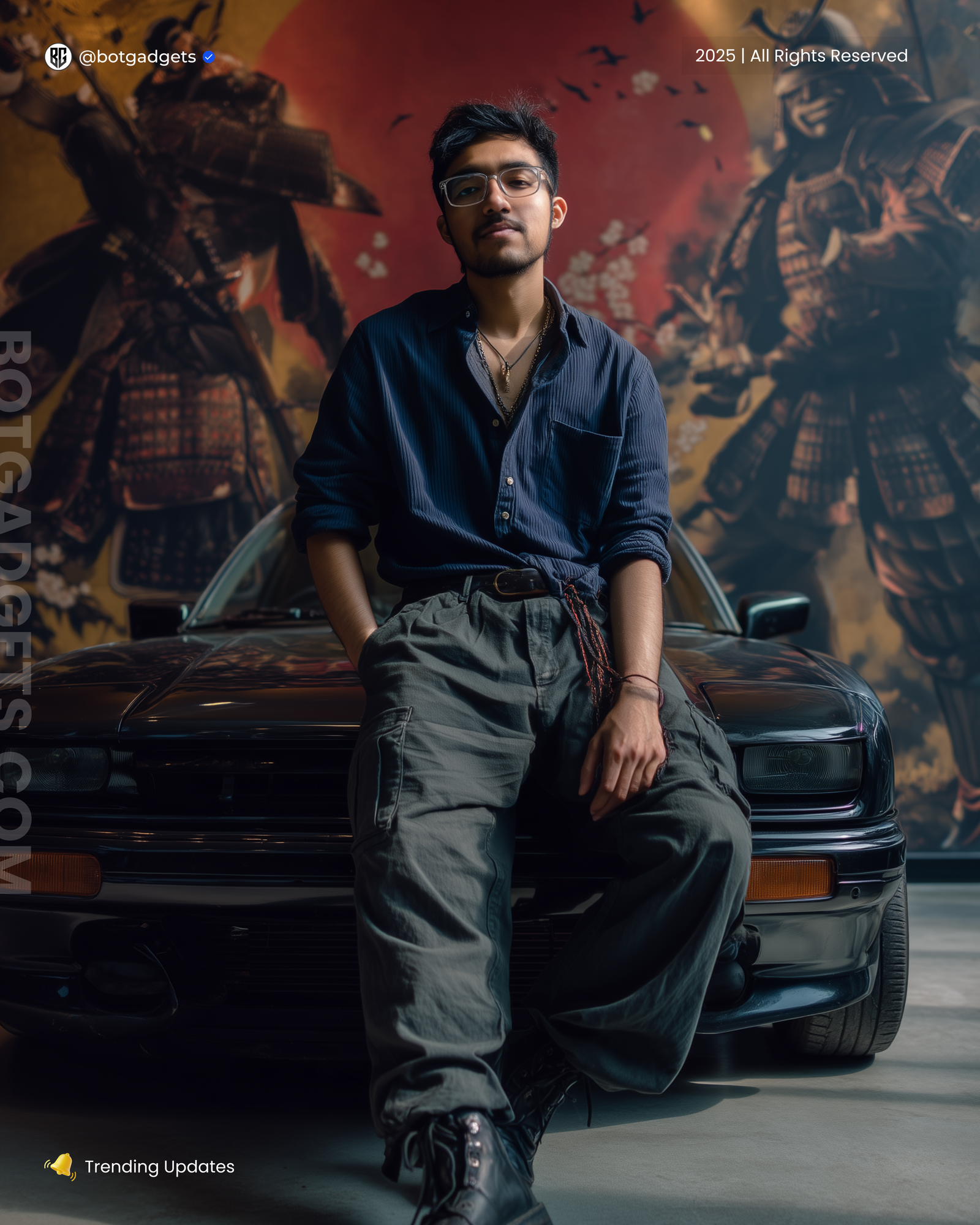 Cinematic MidJourney Prompts: Fusion of Modern Style & Traditional Art (Free AI Guide + Tutorials) Cinematic MidJourney AI portrait of man sitting on black car in front of Japanese mural with waves and temples.