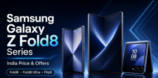 Samsung Galaxy Z Fold8, Galaxy Z Fold8 Ultra and Galaxy Z Flip8 displayed together for the India launch, showing their foldable designs, screens and available colors.