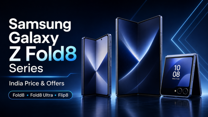 ChatGPT Image Jul 27, 2026, 02_30_03 PM Samsung Galaxy Z Fold8, Galaxy Z Fold8 Ultra and Galaxy Z Flip8 displayed together for the India launch, showing their foldable designs, screens and available colors.